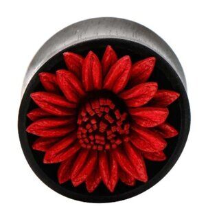 Double Flared Arang Wood Plug With Red Leather Flower Front | Sold as pair
